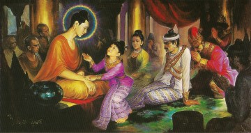 Young Prince Rāhula prompted by his mother to ask for his inheritance, left behind by the Buddha after His renunciation. Instead, the Buddha told Venerable Sariputta (Sariputra) to ordain Prince Rāhula, giving him a spiritual inheritance better than the one he asked for.