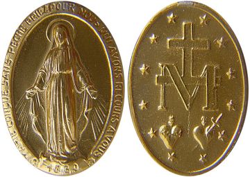 Medal of the Immaculate Conception (aka Miraculous Medal), a medal created by Saint Catherine Labouré in response to a request from the Blessed Virgin Mary who allegedly appeared rue du Bac, Paris, in 1830. The message on the recto reads: "O Mary, conceived without sin, pray for us who have recourse to thee — 1830".