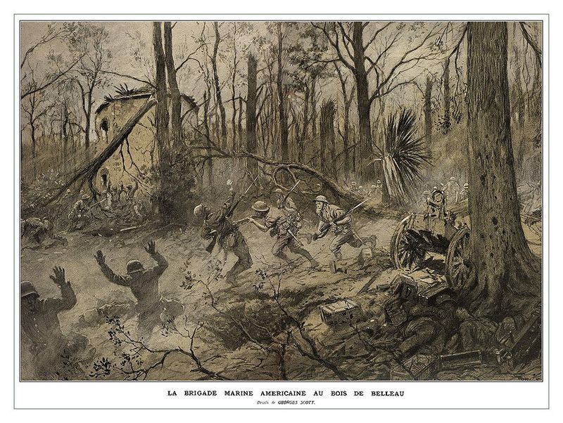 Georges Scott (1873-1943) illustration "American Marines in Belleau Wood (1918)" - originally published in the French Magazine "Illustrations" - retrieved from http://www.greatwardifferent.com/Great_War/Georges_Scott/Scott_Belleau_Wood_01.htm 