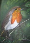 Pastel of European Robin perched on a small branch by Tom Higgins ©2021